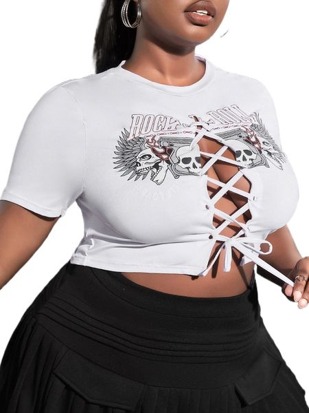 

sxy plus skull & letter graphic lace up crop tee t1l6#, Black