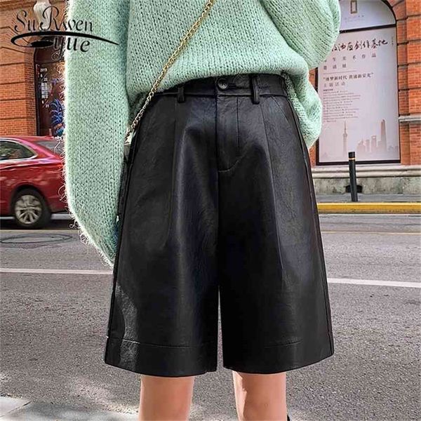 

fashion pu leather shorts women autumn winter elastic waist loose five points leather trouser plus size shorts 8207 50 210331, White;black