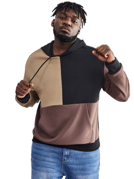 

extended sizes men cut and sew drawstring hoodie w33l#, Black