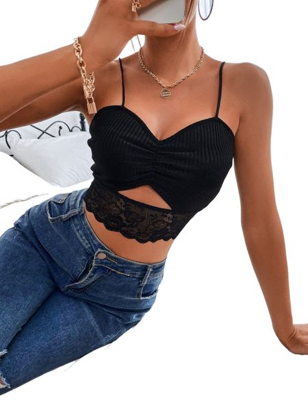 

solid contrast lace cut out crop cami 246d#, White