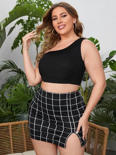 

plus one shoulder crop with plaid split hem skirt y2qz#, Black