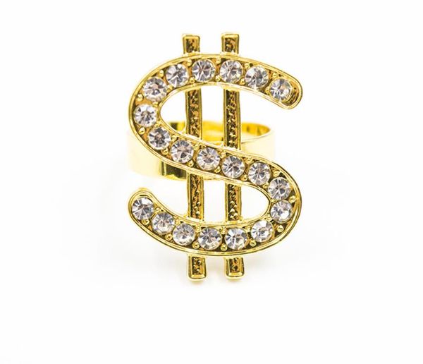 Crystal Dollar Sign Anel para Homens Mulheres Traje Acessórios Money Symbol Zirconia Rinestone Abra Ouro Anéis de Ouro Hip Hop Rapper Traje Punk Props