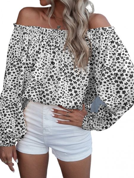 

floral print frill trim off shoulder lantern sleeve blouse b6rj#, White