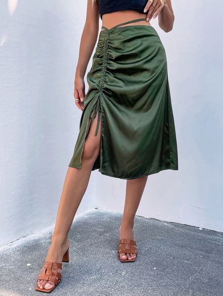 

drawstring split thigh satin skirt i5lw#, Black