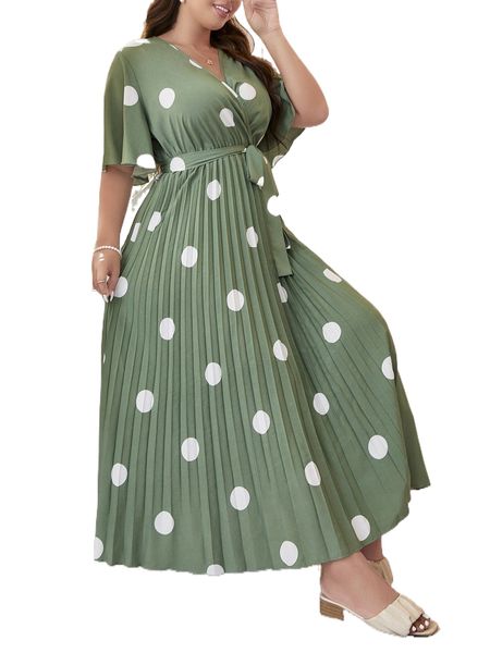 

plus polka dot print butterfly sleeve pleated belted dress l2ww#, Black
