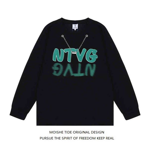 

moishe tide brand high street letter foam printing round neck sweater for men and women loose hip-hop couple jacket, Black
