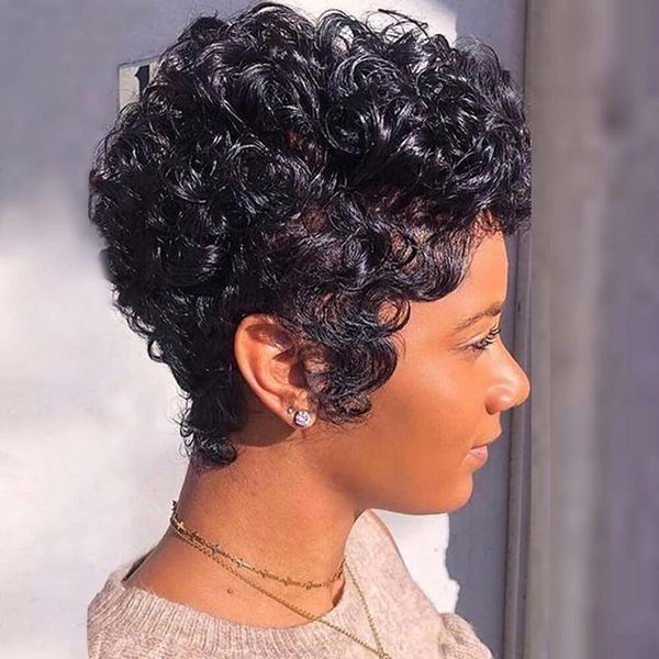 

short machine made wigs natural wave glueless none lace pixie cut wigs afro curly human hair wig, Black;brown
