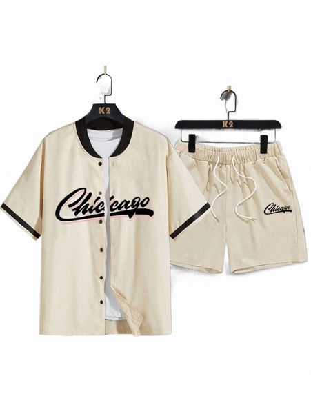 

men letter graphic baseball shirt & drawstring waist shorts without tee r0h7#, Gray