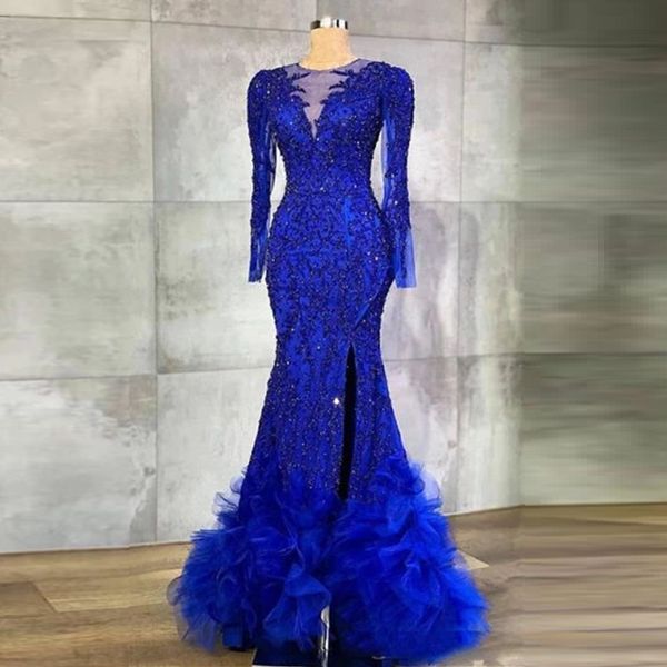 Royal Blue Breaded Vestido de Noite Long Lace Applique Sereia Elegante Formal Party Vestidos Robe de Soiree de Mariage