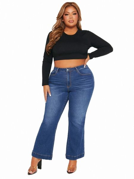 

plus high waist bootcut leg jeans r85i#, Blue