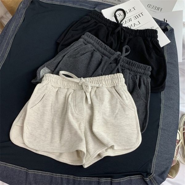 

summer loose shorts women fashion casual fitness ladies grey black solid high waist elastic 220629, White;black