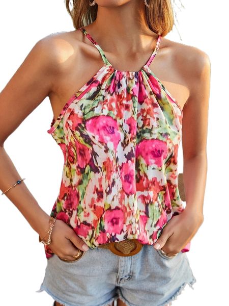 

allover floral print tie back halter h52t#, White