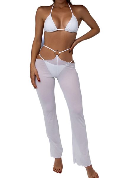 

3pack plain triangle bikini swimsuit & cover up pants 48de#, White;black