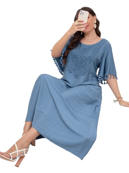 

plus guipure lace panel tassel trim butterfly sleeve maxi dress e16q#, Black