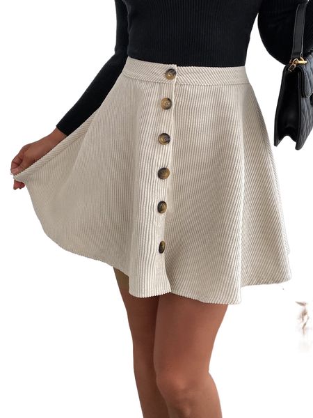 

high waist single breasted corduroy skirt u6st#, Black