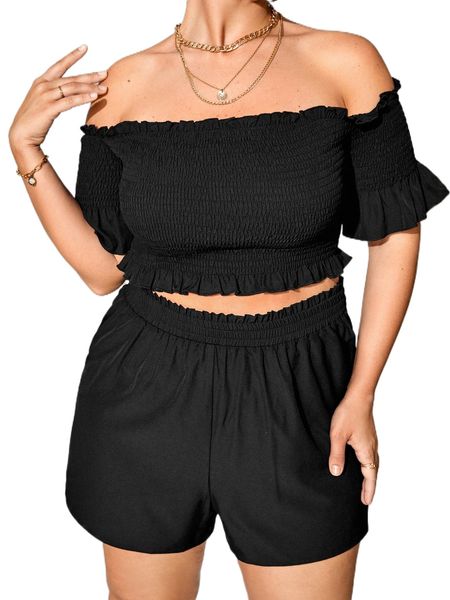 

plus off shoulder shirred frilled crop & paper bag waist shorts b67v#, Black