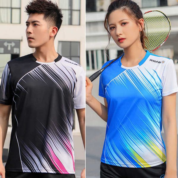 

quick drying summer badminton men's and women's sports couple short sleeve round neck air exhaust net table tennis training clothe, Black