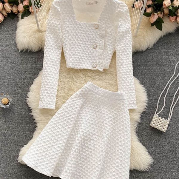 

spring summer fashion small cute elegant sweet women's skirt suit long sleeved suit short coat a-line skirt 2-piece set 220510, White