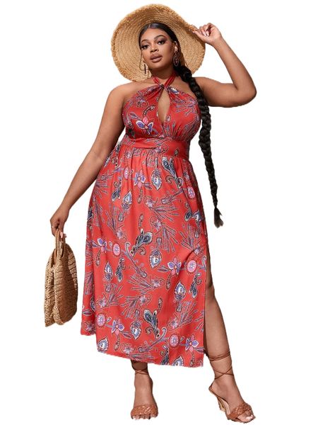 

sxy plus paisley & floral print backless split hem dress z5vu#, Black