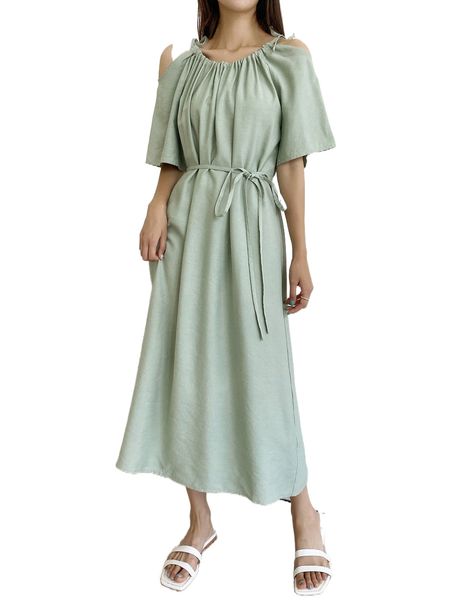 

dazy tie cold shoulder belted dress g95h#, Black;gray