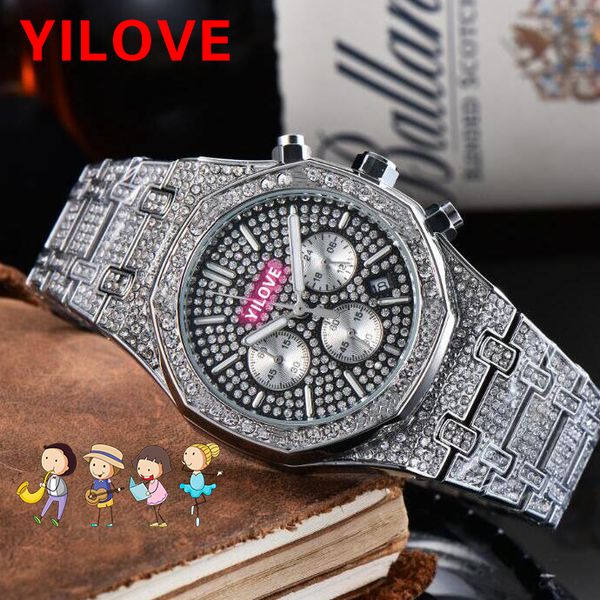 

eu luxury private premium watch our lab 43mm round quartz men's clock ice cube rose gold skeleton set diamond wristwatch, Slivery;brown