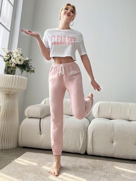 

letter graphic tee and joggers lounge set 94pa#, Black;red