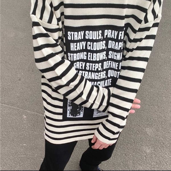 

men's sweaters raf simons striped slogan sticker printed small white same loose off shoulder knit men's and women's round nec, White;black