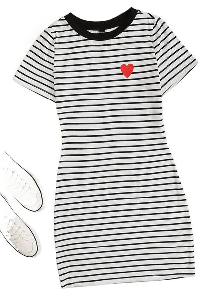 

striped & heart print dress v5t1#, Black;gray