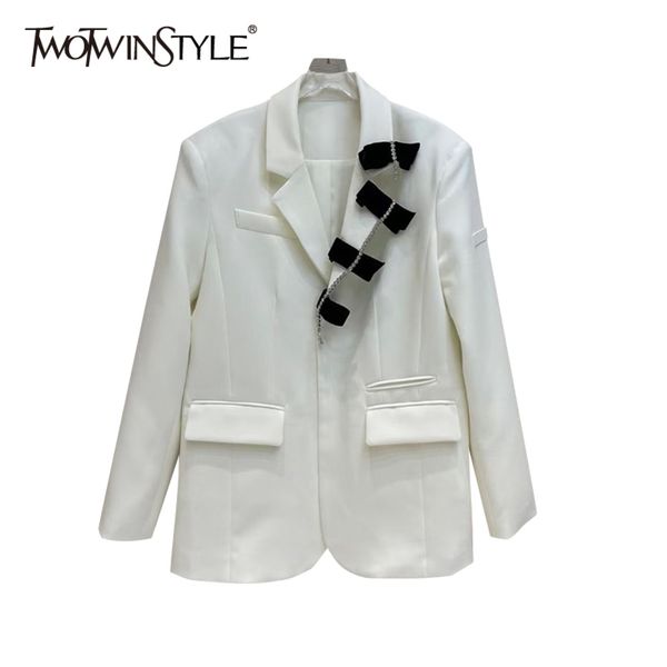 

casual patchwork bowknot blazer for women notched long sleeve hit color blazers female fashion clothing 210423, White;black