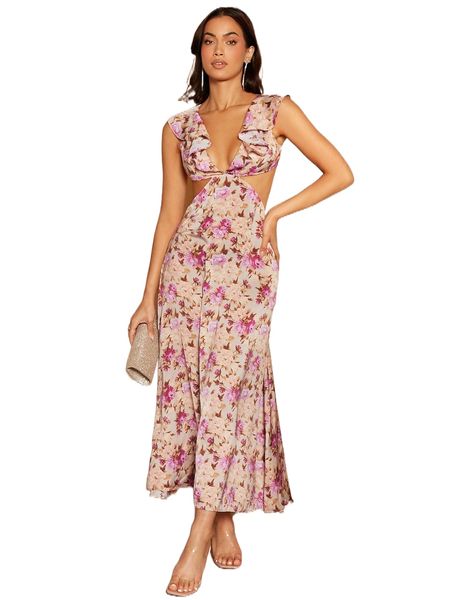 

lace up backless floral print ruffle trim dress s5pv#, Black;gray