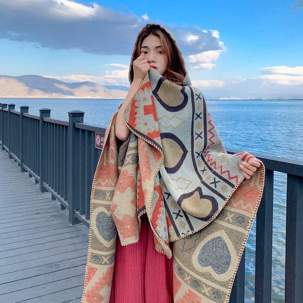 

shawl ethnic style split cape women autumn and winter nepal tibet tourism warm scarf hooded thickened, Blue;gray