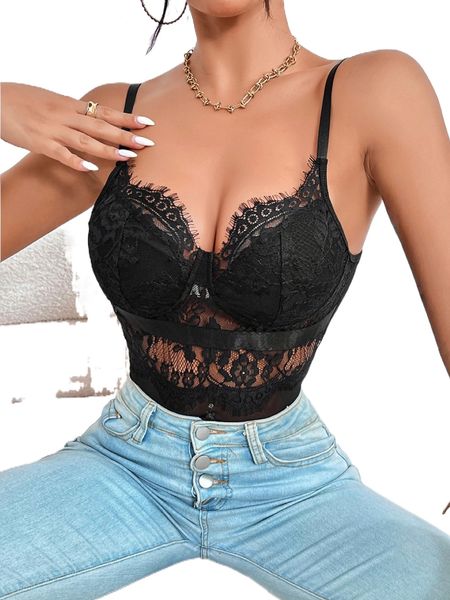 

eyelash lace panel bustier cami bodysuit 41rg#, White