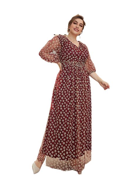

plus all over floral lantern sleeve mesh maxi dress a2gh#, Black