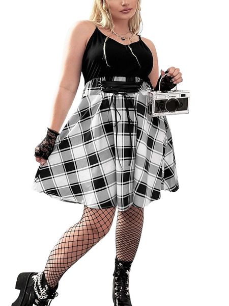 

plus gingham lace up dress 83jk#, Black