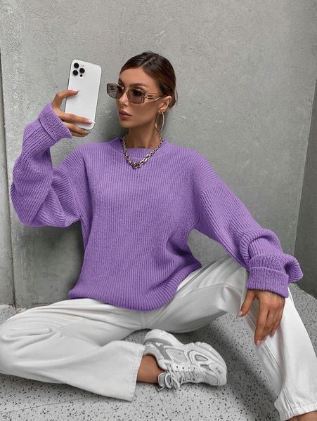 

ribbed knit drop shoulder sweater e0k7#, White;black