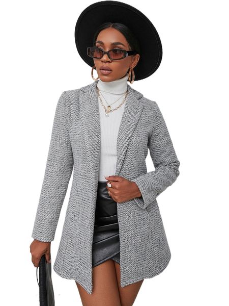 

lapel neck open front tweed overcoat q5at#, Black