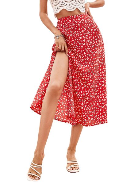 

ditsy floral print high waist split thigh skirt r31c#, Black