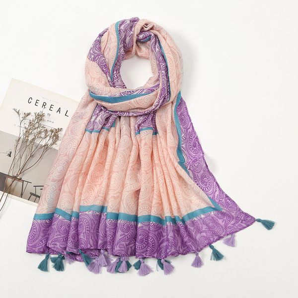 

spring and summer new ethnic style cashew printed cotton and linen tassel artistic versatile color matching scarf womens travel sunscreen sh, Blue;gray