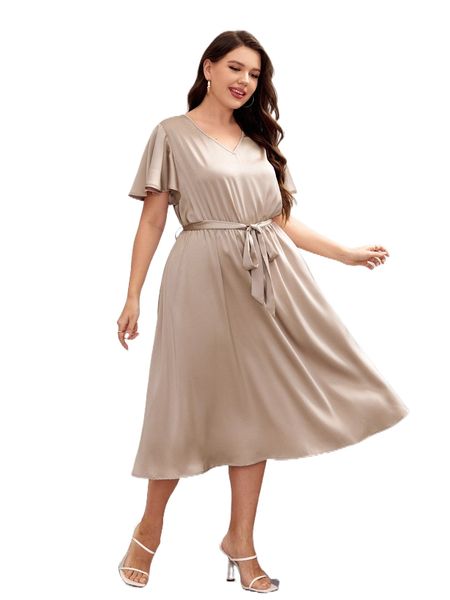 

plus butterfly sleeve belted satin dress o2uu#, Black