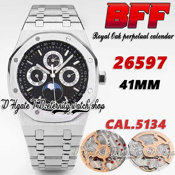 

bff bf26597 complicated function cal.5134 bf5134 automatic mens watch 41mm moon phase black textured dial stick markers stainless steel brac, Slivery;brown