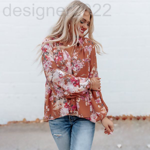 

women's polos designer 2022 spring and summer new fashion flower v-neck lantern long sleeve casual loose women, White