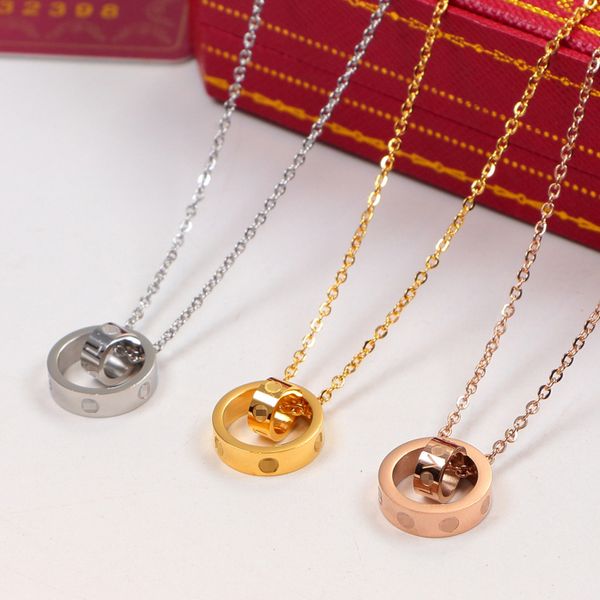 

Luxury Necklace for Women Designer CZ Jewelry 45cm LOVE Dual Circle Pendant Rose Gold Silver Color Vintage Collar Costume Jewelry with box