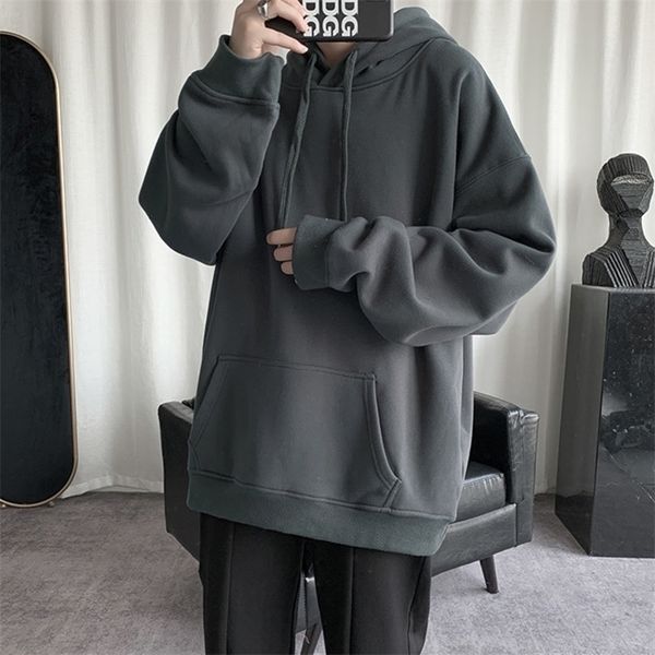 

hybskr korean men's solid color sweatshirt hoodies casual hooded pullovers hoodie warm fleece male loose man clothing 3xl 220406, Black