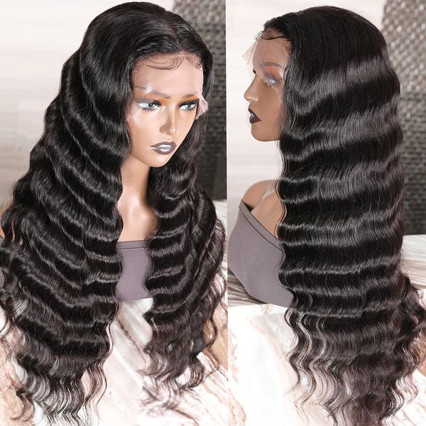

brazilian deep wave closure wig human hair frontal 13x4 hd lace front wigs preplucked bleached knots 150%density, Black;brown