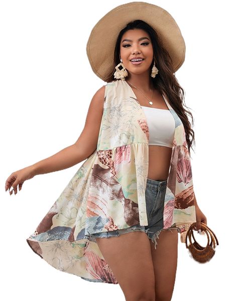 

plus conch & floral print asymmetrical hem kimono 82mx#, Black;gray