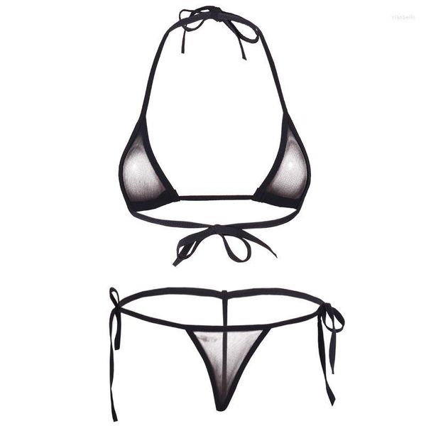 Damen-Badebekleidung, sexy Dessous-Set, 2022, Damen-Mesh-durchsichtiges Neckholder-Bikinioberteil mit seitlicher Krawatte, G-String unten, Badeanzug, Badeanzug