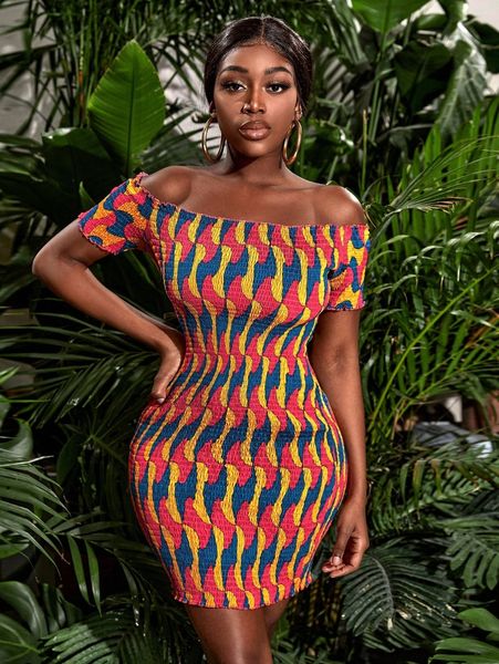 

sxy off shoulder shirred allover print dress u8ef#, Black;gray