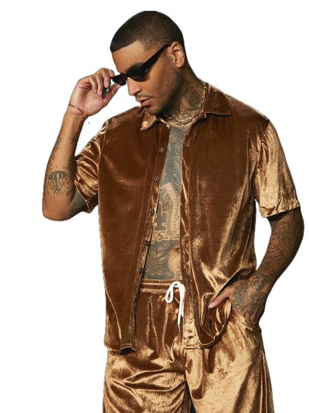 

men velvet shirt & drawstring waist shorts, Gray