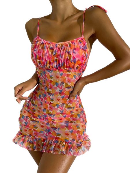 

allover floral print ruched bust ruffle hem mesh slips & thong t4sl#, Black;red