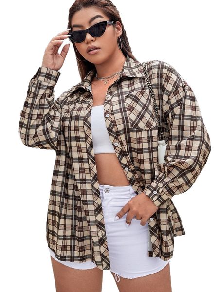 

plus size plaid print button up shirt h3yi#, Black